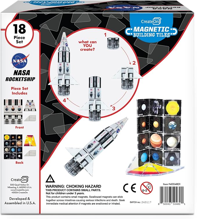 CreateOn NASA Rocketship Magnetic Tile Set, Building Set for Kids, Magnetic Building Toys for Kids, STEM Toys for Boys and Girls Ages 3 and Up, 18-Piece Set