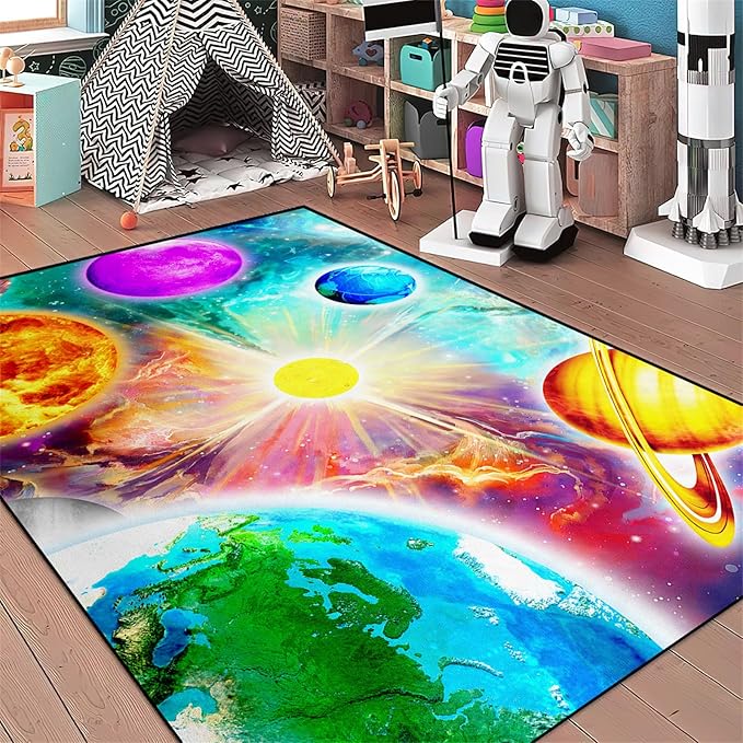Space Rug for Boys Room - Solar System Rugs for Boys Bedroom Outer Space Area Rug for Boys Bedroom Kids Rugs for Playroom Galaxy Area Rugs for Kids Bedroom Space Rug Living Room,4'5''×6'