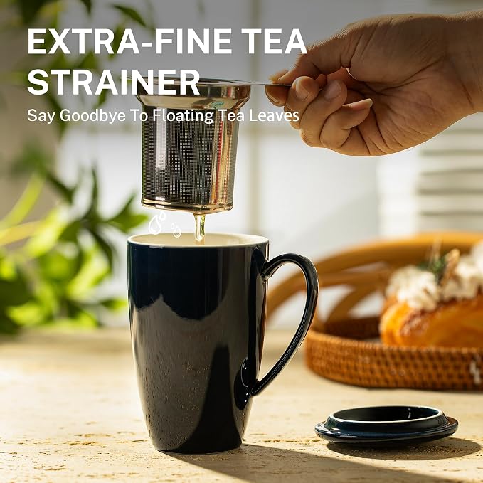 Sweese 15oz Ceramic Tea Cup with Infuser and Lid, Microwave and Dishwasher Safe, Extra-Fine Loose Leaf Tea Steeper, Comfortable Handle, Tea Set in Gift Box, Dark Blue