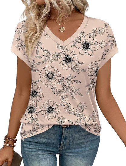 WIHOLL Womens Summer Tops 2026 Cap Short Sleeve Shirs V Neck T Shirts Fashion Beach Vacation Clothes Color Block