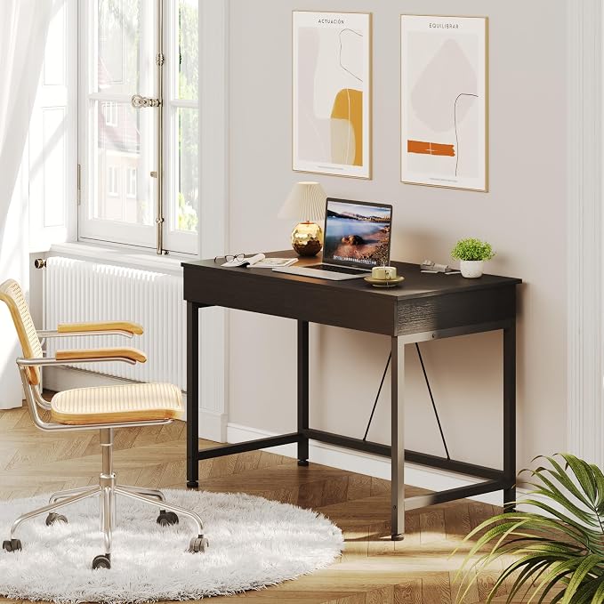 Mexin Small Black Desk with 2 Wooden Drawers, 40 Inch Home Office Writing Desk, Black Vanity Desk with Storage, Computer Desk for Bedroom Small Spaces, Table for Office, Work, Kids Study, Makeup