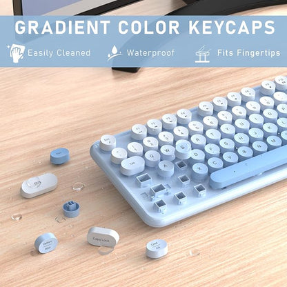 Links9+ Wireless Keyboard and Mouse, Full-Size Retro Typewriter Keyboard with Round Keycaps, 2.4GHz for Windows, Mac, Laptop, PC, Desktop (Blue Gradient)