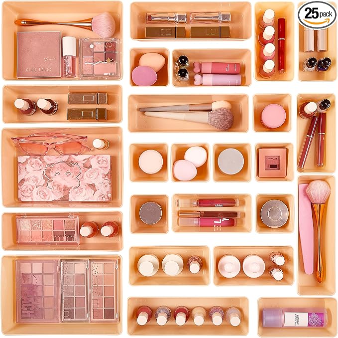 Vtopmart 25 Pack Plastic Drawer Organizers with Non-slip Rubber Pads | 4-Size Versatile Makeup Organizer, Storage Containers Small Bins for Makeup, Jewelries, Bedroom, Kitchen Utensils and Office
