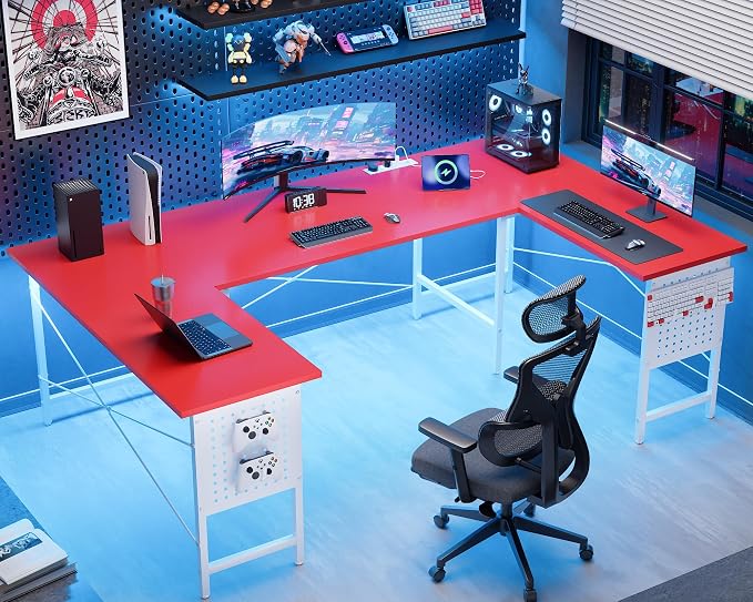 Pamray 71 Inch Large Gaming Desk with Power Outlets U Shaped Computer Desk | Spacious Workspace with USB Charging Ports & Pegboard & Headphone Hooks Suitable for PC Gaming Office Work Study and Writing