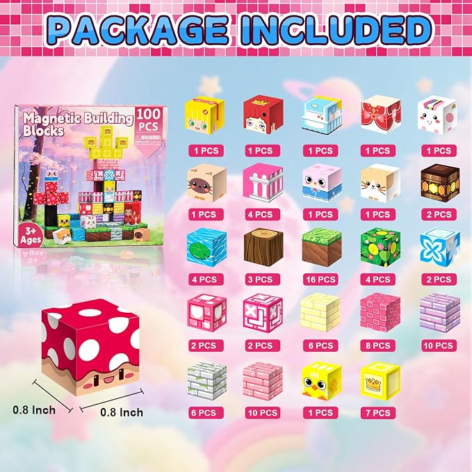 300PCS Magnetic Blocks Building Toys for Kids - 0.8in Magnet Cubes Cherry Blossom Forest Theme Toddler Toys, STEM Preschool Educational Sensory Construction Set, Birthday Gifts for Boys Girls Age 3-8