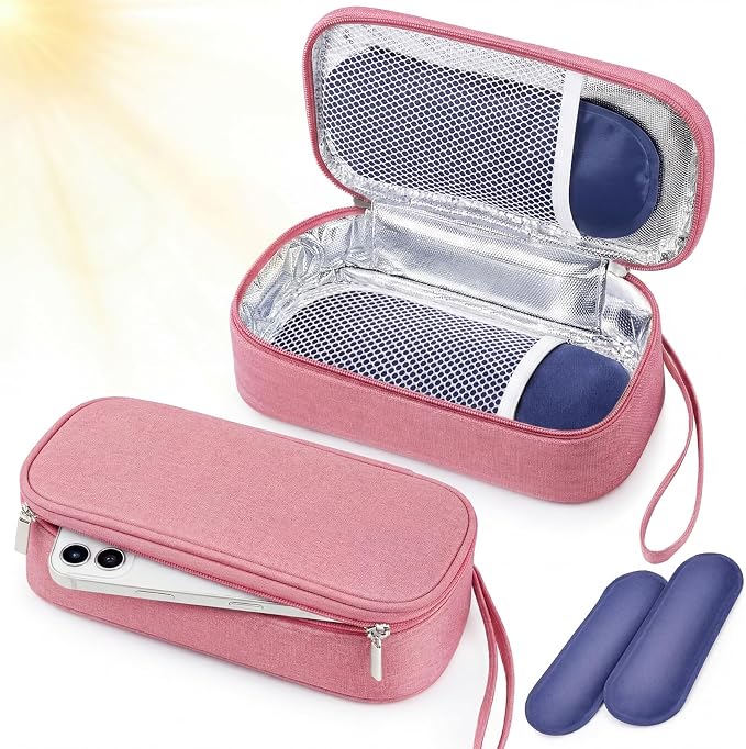 Phone Cooler Bag for Beach, Portable Phone Cooling Pouch with 2 Reusable Ice Packs, Keeps Cool in Extreme Heat for Car Pool Hiking, Extends Battery Life, Fits All Smartphones(Pink,Fabric)