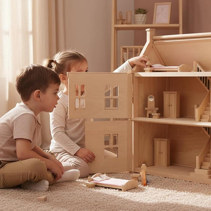 PlanToys® Classic Dollhouse Bedroom Furniture Set | Eco-Friendly Wooden Dollhouse Accessories for Kids | Includes Bed, Closet, Vanity, Chairs & Lamp | Pretend Play Montessori Toy
