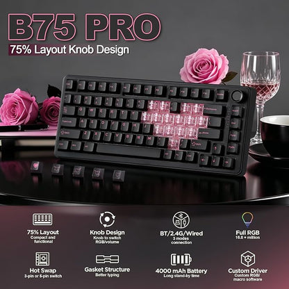 YUNZII B75 PRO 75% Wireless Mechanical Keyboard (Black Heart, MilkV2) | Hot Swap Keyboard with Knob, Gasket Mount, Creamy Pre-lubed Switch for Smooth Typing, BT/USB-C/2.4G, for Gaming