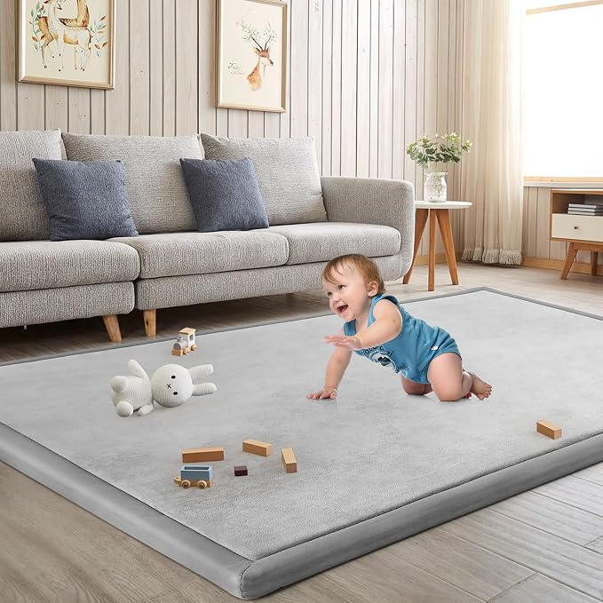 Baby Play Mat for Floor Nursery Rug Muscle Mat Area Rug Playroom Rug 59"x71" Playpen Mat Elastic Foam 1.3" Thick Crawling Mat for Babies,Toddlers, Infants, Kids,A Light Gray