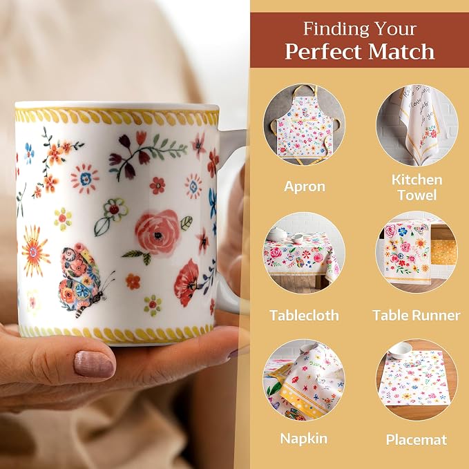 Maison d' Hermine Coffee Mug with Handles Tea Cups (12 Ounce, Pack of 2) | Fine Bone China Coffee Mugs for Hot Beverages Cappuccino Latte Home Restaurant Hotel Spring Summer -Happy Florals - Sweety