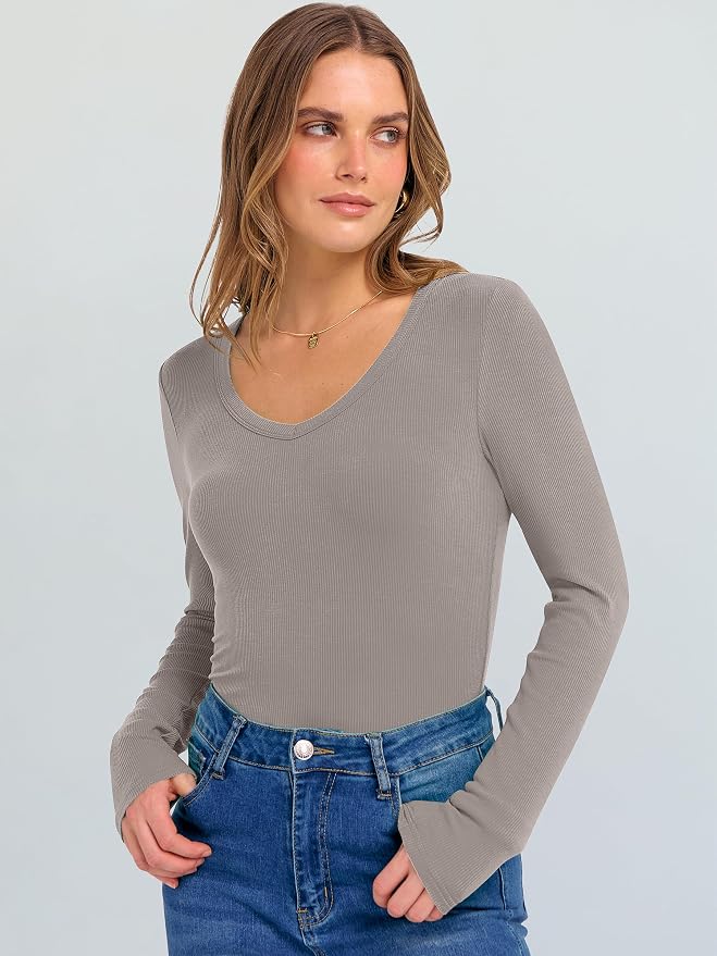 ANRABESS Long Sleeve V Neck Shirts for Women | Soft Comfy Ribbed Knit Fitted Tshirts, Casual Going Out Tops, 2026 Trendy Basic, Fall Winter Underscrub Layering Clothes
