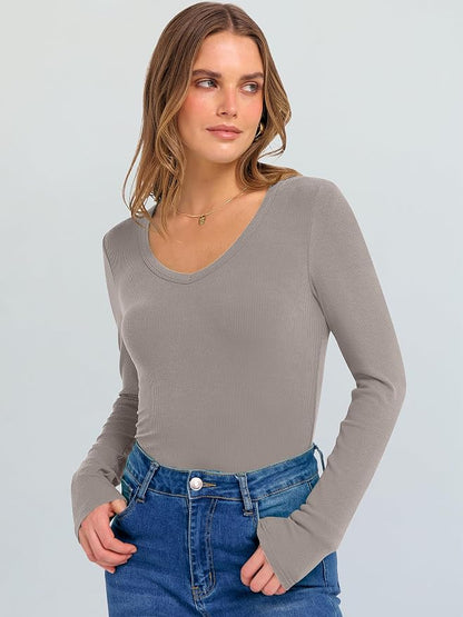ANRABESS Long Sleeve V Neck Shirts for Women | Soft Comfy Ribbed Knit Fitted Tshirts, Casual Going Out Tops, 2026 Trendy Basic, Fall Winter Underscrub Layering Clothes