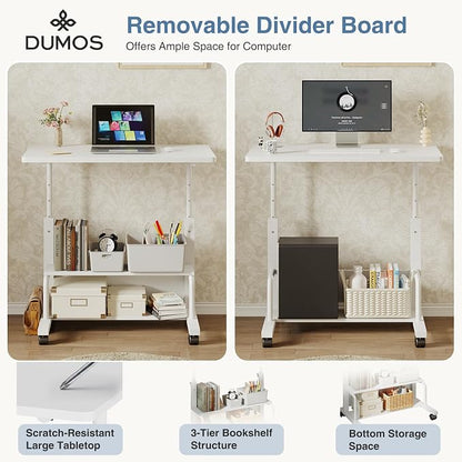 DUMOS Rolling Desk, Storage Shelves, Laptop Table, Home Office | Height Adjustable Design, Computer Desks on Wheels, Portable for Small Spaces Use, White