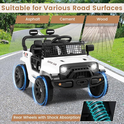 OLAKIDS 12V Ride On Truck, Battery Powered Electric Vehicle for Kids with Remote Control, Foldable Reflective Mirror, Spring Suspension, Music, LED Lights, Ride on Toy for 3+ Boys Girls (White)
