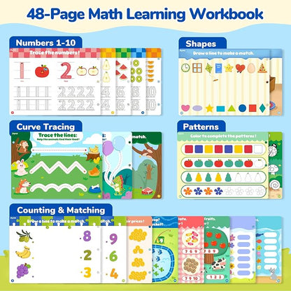 JoyCat Math Busy Book for Toddlers — Reusable Preschool Workbook with 10 Dry-Erase Markers, Number Tracing & Counting Activity Book for Kids Ages 3–8, Kindergarten Learning Activities, Travel-Ready