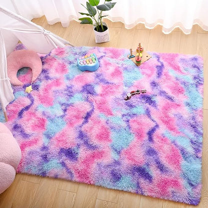 AROGAN Soft Rainbow Area Rugs for Girls Room 4x6 Feet, Fluffy Bedroom Rugs, Princess Rug, Cute Colorful Carpet for Kids Teens Nursery Toddler, Hot Pink
