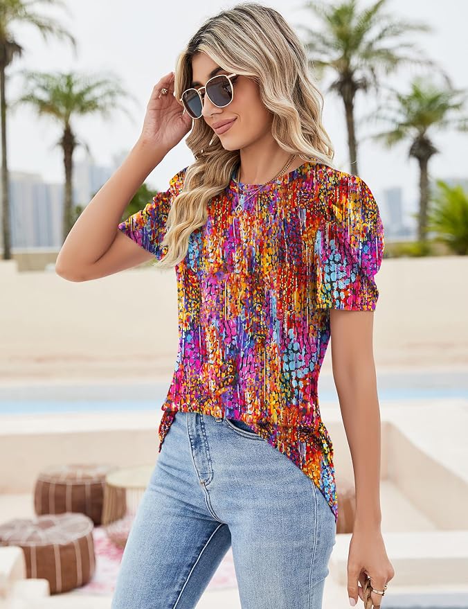 Ivicoer Puff Short Sleeve Shirt for Women Eyelet Tops Summer Crewneck Blouse Loose Fit S-XXL
