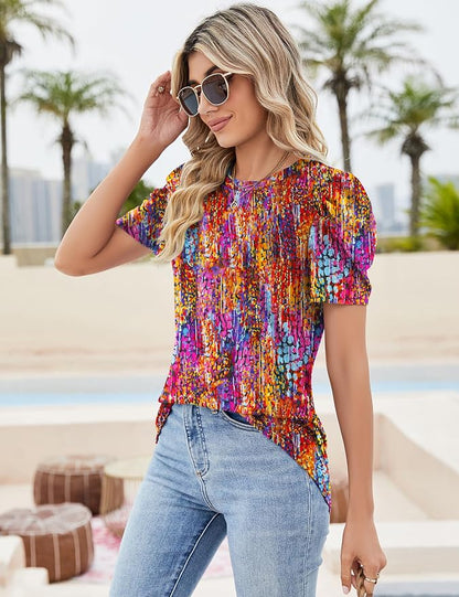 Ivicoer Puff Short Sleeve Shirt for Women Eyelet Tops Summer Crewneck Blouse Loose Fit S-XXL
