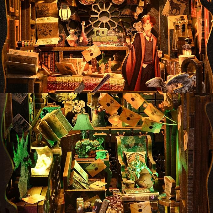 Book Nook Kit for Adults and Teens DIY 3D Wooden Puzzle Bookends, Miniature Dollhouse Kit Bookshelf Decoration, Magic Alley Model with LED Lights,The House of Magic
