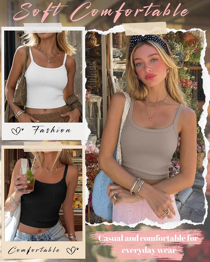 Ficerd 3 Pack Women's Tank Tops 95% Cotton Spaghetti Strap Ribbed Crop Camisole Slim Fitted Basic Summer Sleeveless Layer