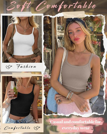 Ficerd 3 Pack Women's Tank Tops 95% Cotton Spaghetti Strap Ribbed Crop Camisole Slim Fitted Basic Summer Sleeveless Layer