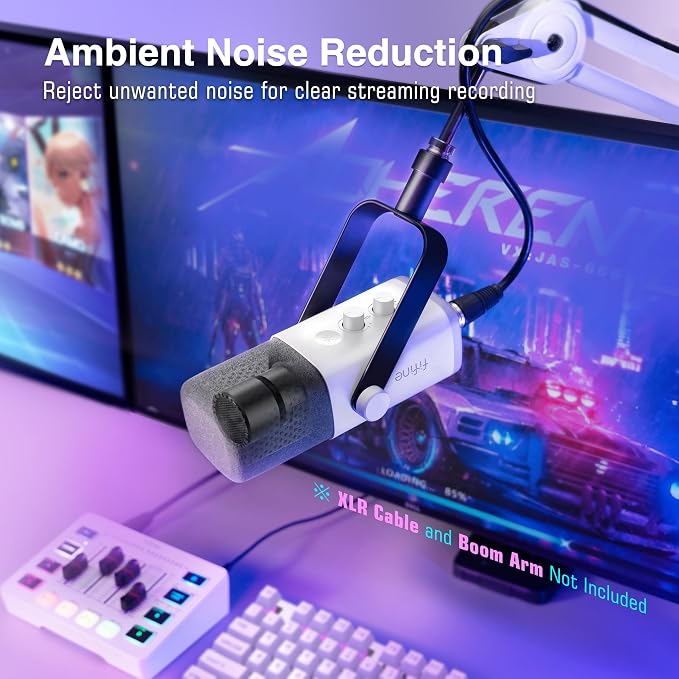 FIFINE AmpliGame AM8W XLR/USB Gaming Microphone for Streaming Podcasting | Dynamic PC Computer RGB Mic, with Gain Knob, Mute Button, Monitoring Jack, for Gamer Recording Video Creation, White
