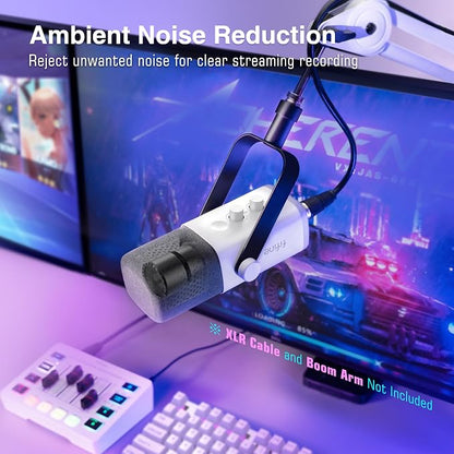 FIFINE AmpliGame AM8W XLR/USB Gaming Microphone for Streaming Podcasting | Dynamic PC Computer RGB Mic, with Gain Knob, Mute Button, Monitoring Jack, for Gamer Recording Video Creation, White
