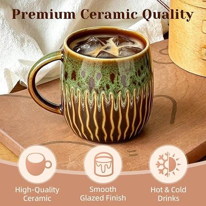 20oz Large Ceramic Coffee Mugs Unique Big Pottery Coffee Mug Microwave Safe Cool Stoneware Cups for Tea Latte Oversized Mug With Handle for Home Green Wide Clay Mugs for Men Fancy Handmade Ceramic Cup