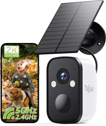 2K Solar Security Cameras Wireless Outdoor, 5G/2.4G Dual WiFi | Powered by Sun Rechargeable Battery Backup, Color Night Vision, PIR AI Motion Detection, 2 Way Talk, IP66, Works with Alexa