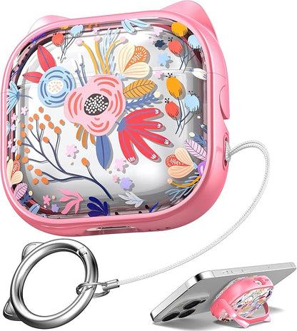 for AirPods 4 Case with Cleaning Kit, Cute Cat Ear Print Design & Cute Buckle, Inverted Phone Holder Design, Top Safe Lock Buckle Design, for Girls AirPods 4 case 2024,Clear Flowers
