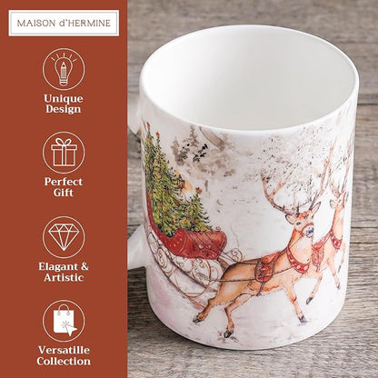 Maison d' Hermine Coffee Mug with Handles Tea Cups (15 Ounce, Pack of 1) | Fine Bone China Coffee Mugs for Hot Beverages Cappuccino Latte Home Hotel Spring Summer -Christmas Tradition - Reindeer