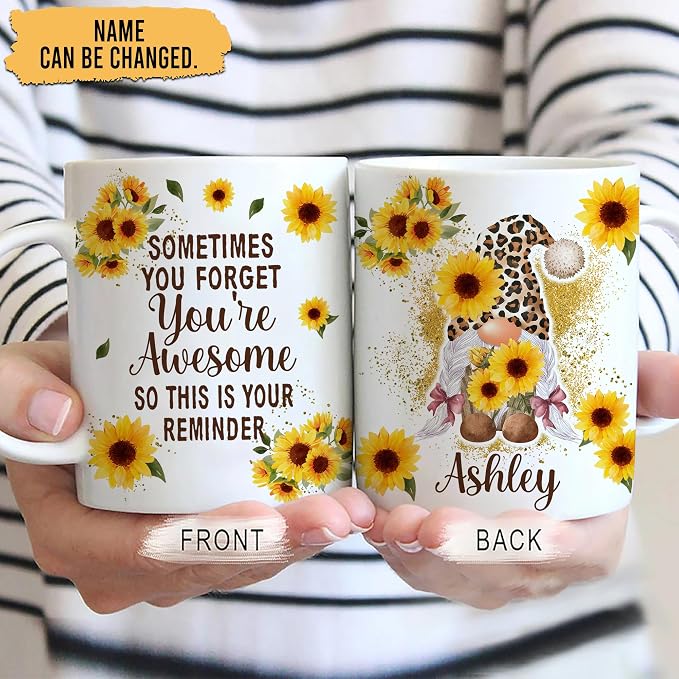 Hyturtle Personalized Gnome Mug Gifts For Gnome Lover, Thank You Gift Ideas | Cool Birthday Gifts For Women - Motivational Sunflower Custom Name 11oz White Ceramic Coffee Tea Mug, Comfort grip handle