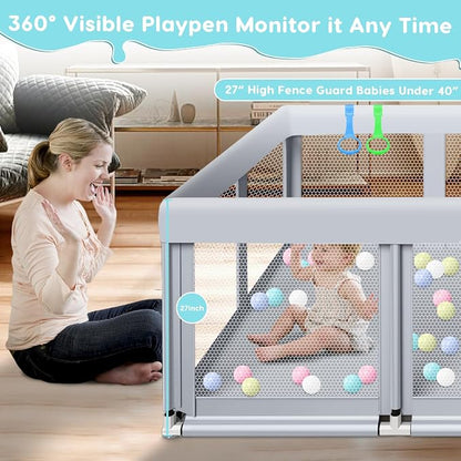 Fshibila 74" ×50" Large Baby Playpen, Baby Playard for Babies and Toddlers, PlayPen for Indoor & Outdoor, Sturdy Safety Play Yard with Soft Breathable Mesh, Anti-Fall, Ball x 18, Handle x 2, Grey
