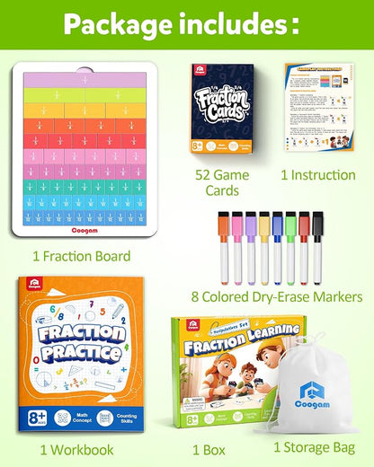 Coogam Magnetic Fraction Tiles - Montessori Math Manipulatives for Fraction Learning & Practice, Educational Games for Homeschool & Classroom, Grades 2-5