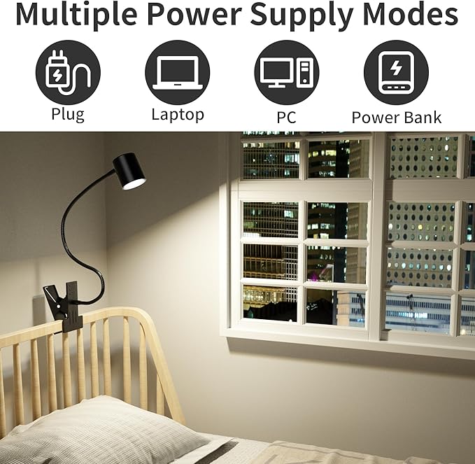 Dott Arts Desk Lamp,USB Clip On Light with 3 Color Modes,LED 10 Levels Brightness Reading Light, 360°Gooseneck Book Light,Eye-Care Reading Lamp for Home Office,Headboards.Adapter included