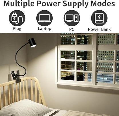 Dott Arts Desk Lamp,USB Clip On Light with 3 Color Modes,LED 10 Levels Brightness Reading Light, 360°Gooseneck Book Light,Eye-Care Reading Lamp for Home Office,Headboards.Adapter included