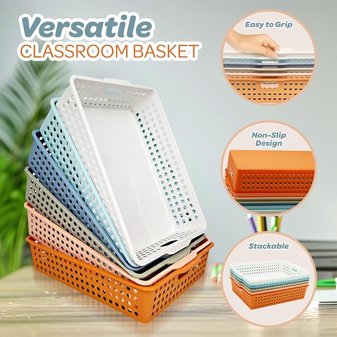4E's Novelty 6 Pack Classroom Paper Baskets, Organizing Desk Boho Tray for A4 Papers, Classroom Storage Plastic Paper Bins, Fun Turn In Trays for Teachers and Students, Office Desk Room Trays