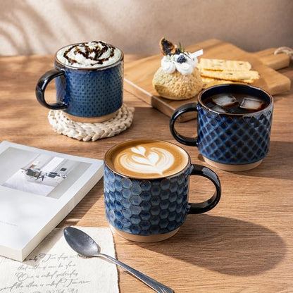 GBhome 12 OZ Stackable Coffee Mugs Set of 4, Ceramic Coffee Cups Set | Coffe Cups With Saucer and Stand, Dishwasher&Microwave Safe, 4 Assorted Designs