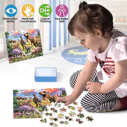 LELEMON Puzzles for Kids Ages 4-6,Dinosaur 100 Piece Puzzles for Kids Ages 6-8 in a Metal Box,Educational Jigsaw Puzzles,Childrens 100 Piece Puzzle Games Puzzle Toys for Girls and Boys
