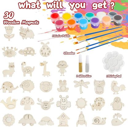 Glintoper 30 Wooden Magnet Painting Craft Kit, Paint Your Own Easter Art and Craft Supplies, Basket Stuffers Party Favors for Boys Girls, Classroom Prize Goodie Bag Gifts