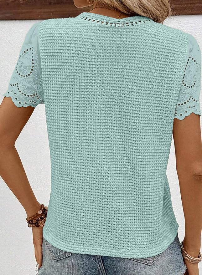 SHEWIN Womens Frenchy Summer Tops Crewneck Short Sleeve T Shirts Casual Waffle Knit Jacquard Blouses Top Shirts