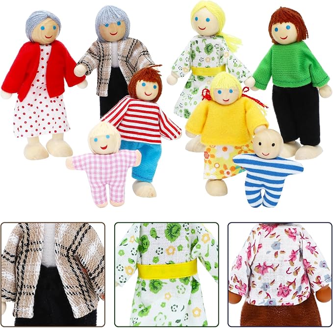 ONEST 20 Pieces Wooden Dollhouse Family Set Mini People Figures Dog Cat Sets Dollhouse Dolls Wooden Doll Family Pretend Play Figures Accessories for Pretend Doll House Toy