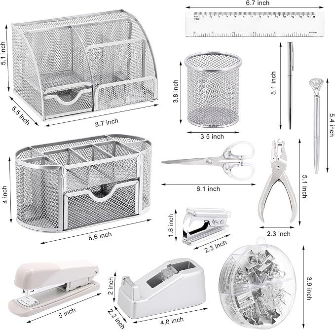 17 in1 Silvery Desk Organizers and Accessories Set, 3 Office Desk Supplies Storage Organization, 4 Pens, Stapler, Staples & Remover, Tape & Dispenser, Scissors, Ruler, Clips, Hole Punch Back to School