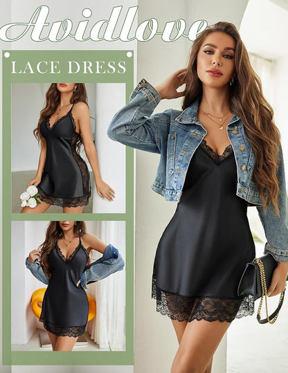 Avidlove Women Lingerie Satin Lace Chemise Nightgown Sexy Full Slips Sleepwear S-4XL