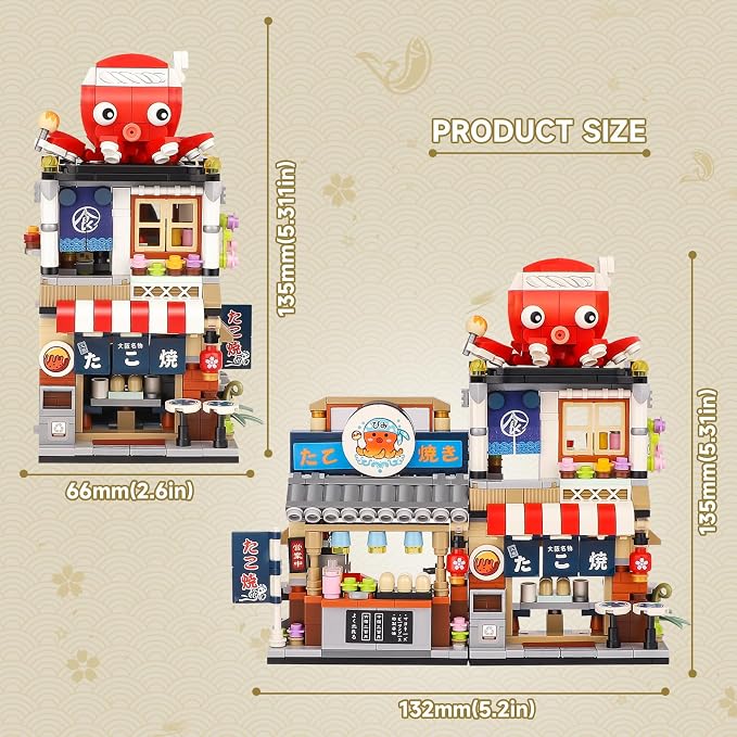 Japanese Street View Takoyaki Shop Mini Building Blocks, MOC Creative Japanese Toys for Girls 6-12 Years Old, 722 Pcs Simulation Architecture Construction Toy, Gift Idea for Kids Adults