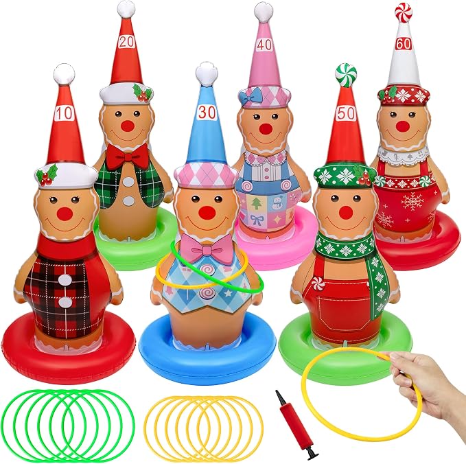 6 Pack Christmas Ring Toss Games, Gingerbread Man Inflatable Ring Toss Game,Christmas Party Games for Kids,Adults,Family,Indoor Outdoor Game Garden Toys Gifts