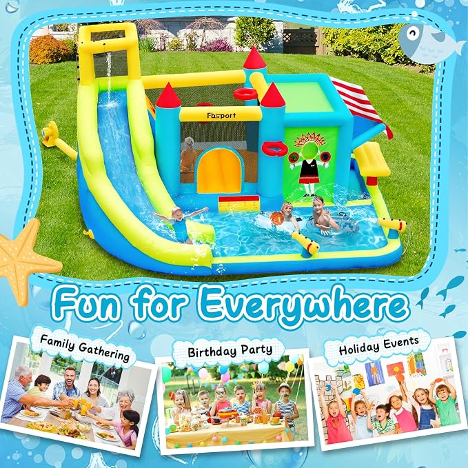 FBSPORT Inflatable Bounce House Water Slide, Bounce House for Kids with Toy Market Stand Splash Pool Bouncer Climbing Wall Water Gun Ball Dart, Bouncy Castle W/620W Blower for Outdoor Indoor, Green