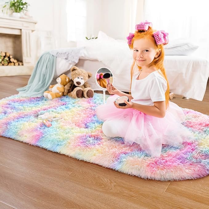 Noahas Rainbow Rug for Kids Room,Fluffy Rugs for Bedroom,2'X 5' Oval Ultra Soft Bedroom Rugs,Small Throw Rugs, Kids Room Carpet Modern Shaggy Area Rugs Home Decor