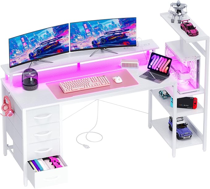 59 Inch Gaming Desk with Drawers & PC Tower Stand & LED Lights, White | Reversible, Monitor Shelf, Power Outlets, Carbon Fiber, Mesa Gamer, Computer Desk with Storage, Gaming Table for Home Office