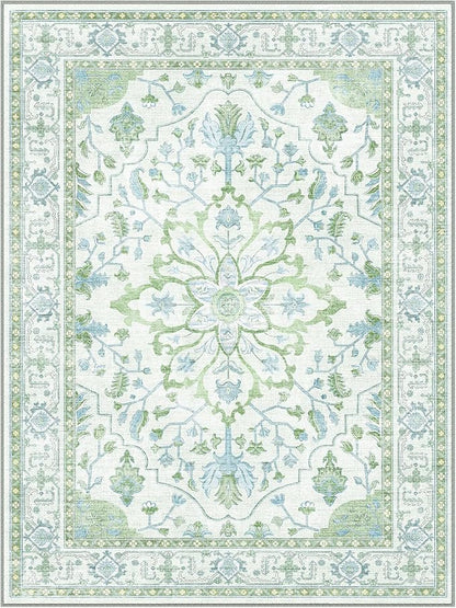 RELEANY Area Rugs Runner 2'6"x8' Washable Non-Slip, Floral Vintage Distress Medallion Carpet for Kitchen Hallway Bedroom Beside Laundry Room Bathroom, Green White Blue